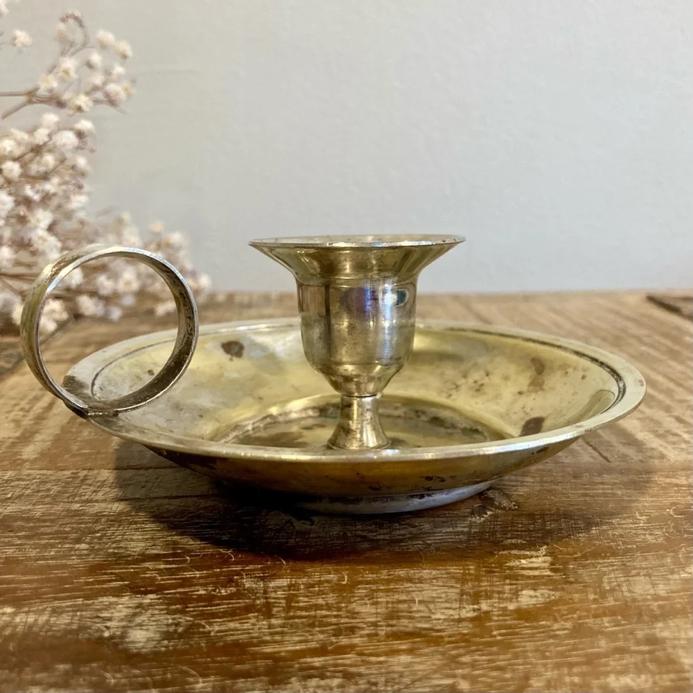 Small Vintage Silver Plated Candle Holder Hong Kong Rustic Farmhouse Decor